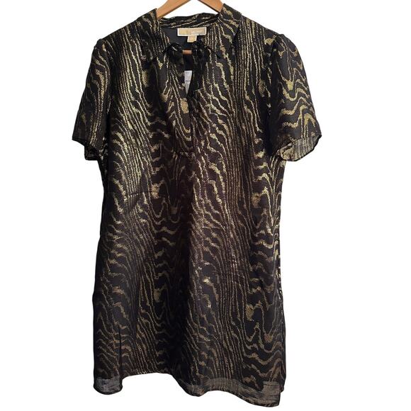 Michael Kors Dress Size 8 Metallic Animal Print Shift Short Sleeve Black Gold - Picture 1 of 9